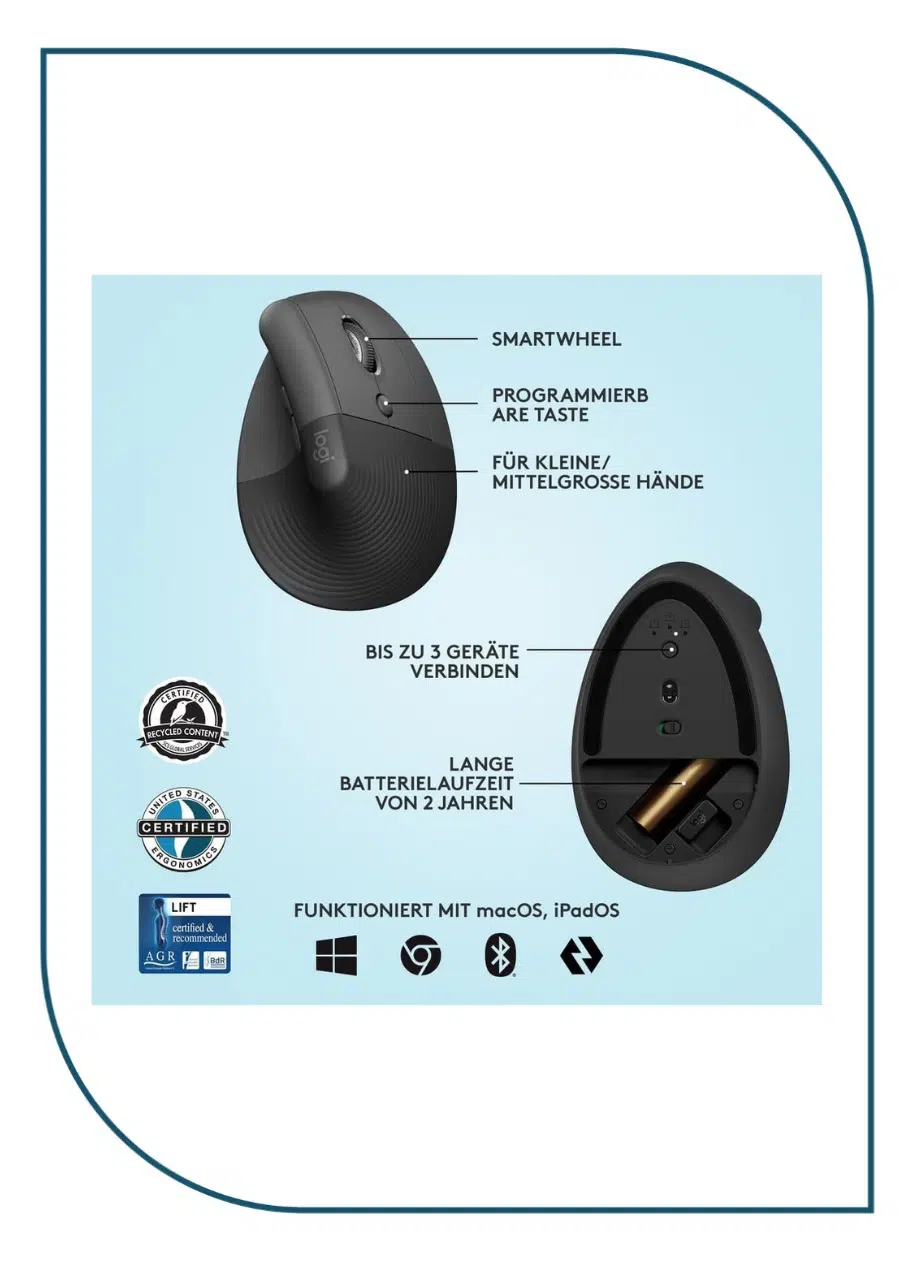 LOGITECH Lift Bluetooth Vertical Ergonomic Mouse - GRAPHITE/BLACK (910-006473) LOGITECH Lift Bluetooth Vertical Ergonomic Mouse